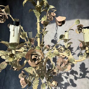 Italian Tole Chandelier: Cream, Terracotta & Pink Roses, 5-Light Bedroom Lighting