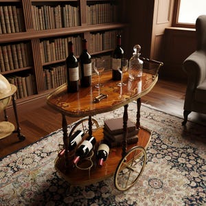 Peut inclure: Un chariot de bar en bois vintage avec un plateau ovale décoratif, contenant des bouteilles de vin, des verres et une carafe. Le chariot a deux niveaux, avec une étagère inférieure pour le stockage du vin et des roues. La pièce est une bibliothèque.