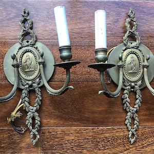 Metal Gold Brass finish Antique wired wall Sconces pair custom crafted in Toronto