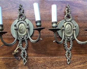 Metal Gold Brass finish Antique wired wall Sconces pair custom crafted in Toronto