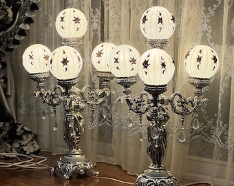Pair of Huge Antique Table Lamp,Carl Falkenstein, Cherub, Marble, Filigree,silver,lamps, Globe, Stunning Hollywood Regency