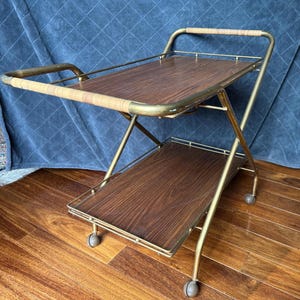 Vintage collapsible BAR CART tea cart serving cart side table gold and wood Color
