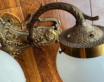 Art Nouveau Vintage Gilt Solid brass wall Sconce: Rococo French Style, Floral Garland Wired, Vanity light, Milk glass, Globe light