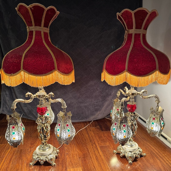 Pair of Antique Table Lamps,brass,Statement, Cherub, Marble, Ornate, Filigree, 2 Way Lighting, Rare, Stunning Hollywood Regency