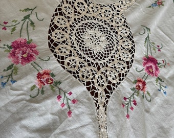 Used vintage hand embroidered crocheted very Large Tablecloth