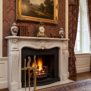 Herramientas para chimenea Art Nouveau, estilo francés antiguo con motivos florales, 5 piezas de latón macizo pesado.