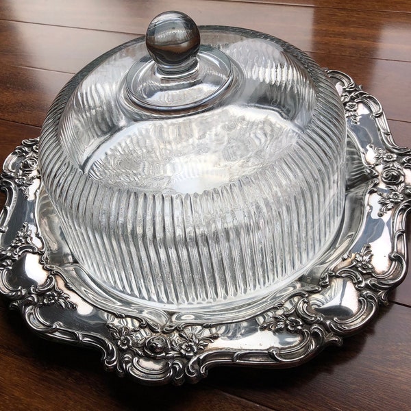 SELTENE WM Rogers Repousse Silverplate floral verzierte große runde Tortenplatte Vintage