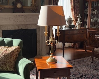Vintage Brass Bouillotte Table Lamp, Beige Shade, French Empire Desk Lamp