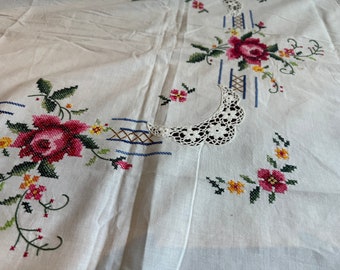 Antique used cross stitch hand embroidered very Large romantic Tablecloth cross stitched needle point