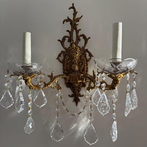 Pair Vintage Gilt Bronze Brass Clear Crystal Lamps Bow top Sconces Rococo French Spain garland swag crystal prisms detailed floral