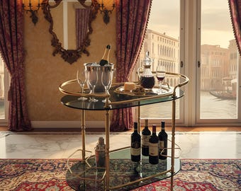 Vintage Italian Brass and Smoked Glass Bar Cart: Neoclassical Empire Style Serving Trolley Oval shape