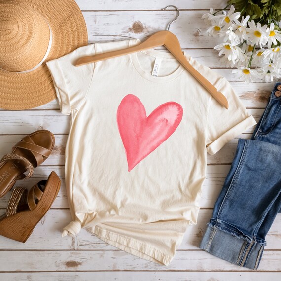 Watercolor Heart Tshirt, Summer Clothing, Summer Apparel, Cute Shirt for Moms, Minimalist Tee, Heart Shirt, Cute Summer Top, Cute Boho Top