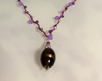 lilac/purple necklace with crystals and glass pendant