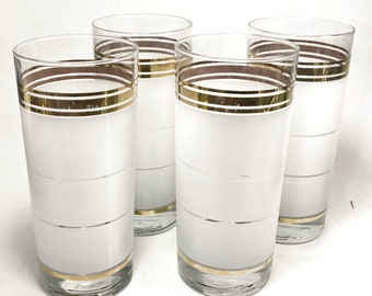 Set of 4 Vintage Mid-Century Gold & Frosted Glass Striped Drinkware Tumblers by Libbey