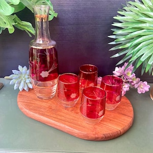 Vintage Bohemian Cranberry Red Glass Cut to Clear Decanter & Set of 4 Glasses