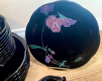 Vintage Mikasa Tango Rondo Schwarzes Blumen Geschirr