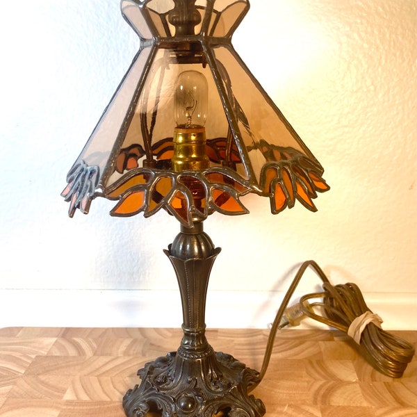 Smokey Stained Glass Table Lamp with Orange Leaves and Ornate Art Deco Stand