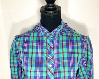 Vintage Plaid Blouse, Ruffled Peter Pan Collar, Extra Small