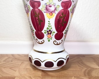 Antique Bohemian/Czech White Overlay cut to Pink Glass Hand Painted Vase