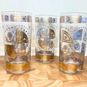 Vintage Set of 3 MCM Culver Coronet Gold Patterned Highball Glasses