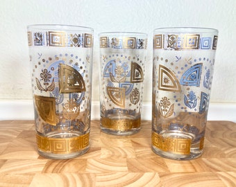 Vintage Set mit 3 MCM Culver Coronet Gold Patterned Highball Gläser