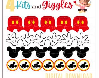 May include: Digital download graphic with the text "4 Kits and Giggles" and "Digital Download". The image features red puzzle pieces, white gloves, black Mickey Mouse heads, and circular graphics with Mickey Mouse silhouettes.