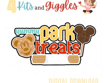 May include: A colourful digital graphic with the words "yummy park treats". The image features a bear-shaped treat, a Mickey Mouse-shaped ice cream bar, and the text "4 Kits and Giggles" and "Digital Download".