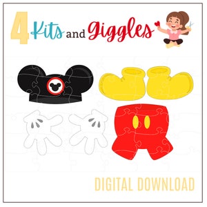 May include: A digital download featuring puzzle pieces of a cartoon character's outfit. The pieces include a black hat with a red circle, yellow shoes, white gloves, and red shorts. The text "4 Kits and Giggles" and "DIGITAL DOWNLOAD" are also present.