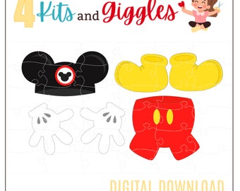 May include: A digital download featuring puzzle pieces of a cartoon character's outfit. The pieces include a black hat with a red circle, yellow shoes, white gloves, and red shorts. The text "4 Kits and Giggles" and "DIGITAL DOWNLOAD" are also present.