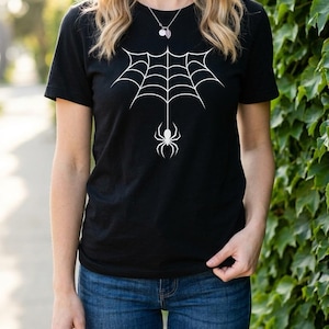 Spider Web with Hanging Spider Tee | Halloween Spiderweb Shirt. Witch Shirt. Halloween Party T-shirt. Spider Web Shirt. Gothic Halloween Top