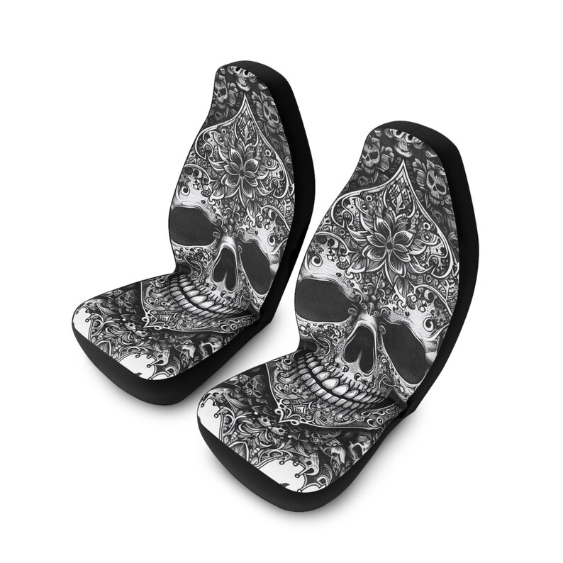 Gothic Skull Autositzbezüge, Polyester Sitzschoner, Weihnachtsgeschenk, Geburtstagsgeschenk, neues Autozubehör. Gothic Leben. Schwarz weißer Totenkopf Bild 5