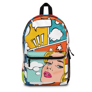 May include: A colorful backpack with a pop art design featuring a woman's face, speech bubbles, and stars. The backpack is made of a durable fabric and has a zippered closure.