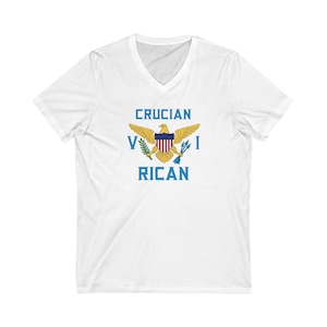 Crucian Rican Unisex Caribbean V Neck, Island Souvenir Top, Tropical Vacation Shirt, Beach Trip Apparel, Heritage Shirt. Virgin Islands Flag