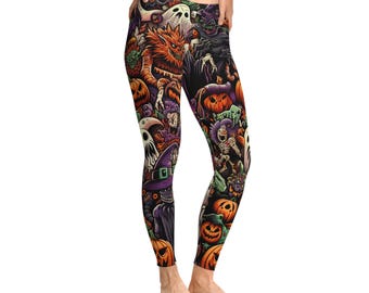 Halloween Leggings, Ghost and Pumpkins Print, Spooky Stretchy Pants, Halloween Costume. Long live Halloween Party Leggings