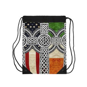 Celtic Cross with Irish and American Flags Drawstring Bag | Celtic Knot Gym Sack