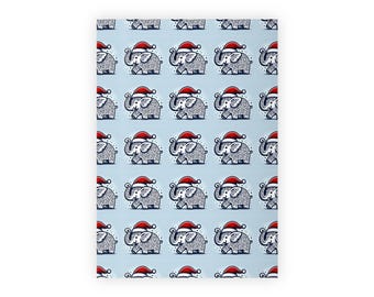 May include: A repeating pattern of white elephants wearing red Santa hats on a light blue background.