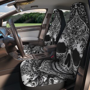 Gothic Skull Autositzbezüge, Polyester Sitzschoner, Weihnachtsgeschenk, Geburtstagsgeschenk, neues Autozubehör. Gothic Leben. Schwarz weißer Totenkopf Bild 4
