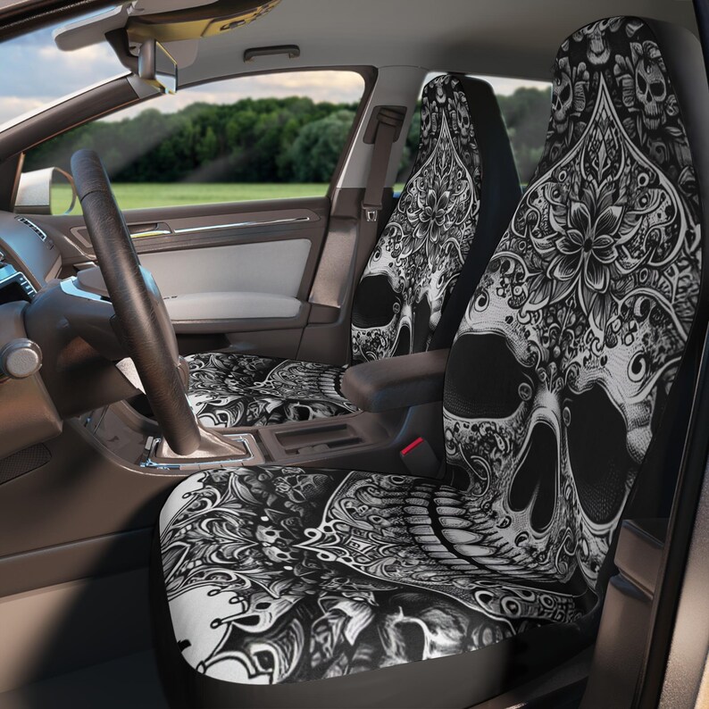 Gothic Skull Autositzbezüge, Polyester Sitzschoner, Weihnachtsgeschenk, Geburtstagsgeschenk, neues Autozubehör. Gothic Leben. Schwarz weißer Totenkopf Bild 4