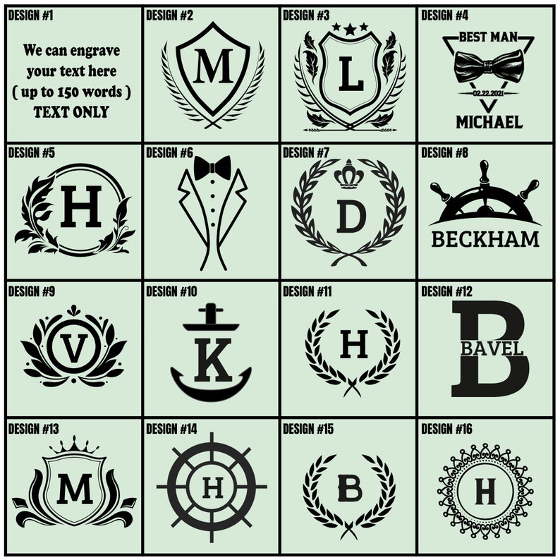 May include: A grid of 16 black and white design options for engraving. Designs include initials within wreaths, shields, and other decorative elements. Text includes "We can engrave your text here" and "Best Man" with a date and name.