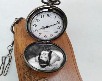 Personalized Black Pocket Watch with Photo, Engraved Wooden Gift Box