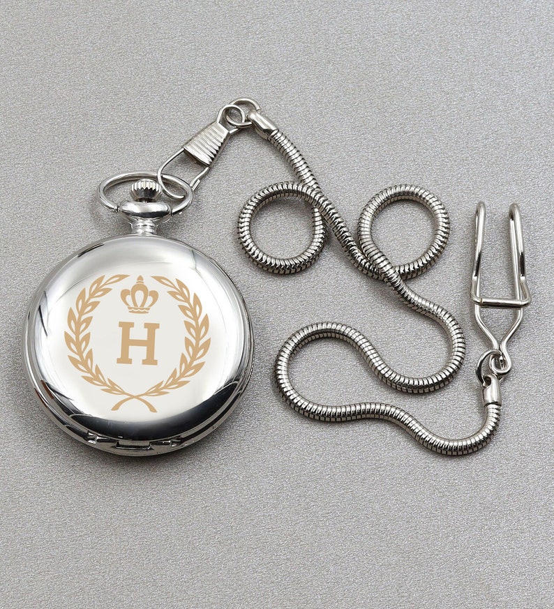 A silver pocket watch with a letter engraved on the front cover. You can customize the pocket watch in the picture as you want. It also comes with a personalized wooden gift box. Silver color pocket watch