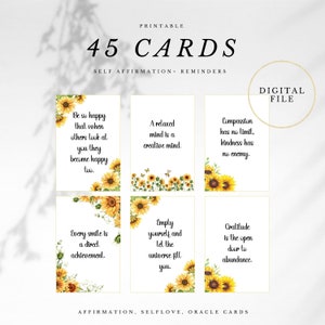Download digital de cartões de afirmação, baralho de afirmações de mindfulness, citações positivas, autoafirmações e lembretes, presente para impressão de girassol