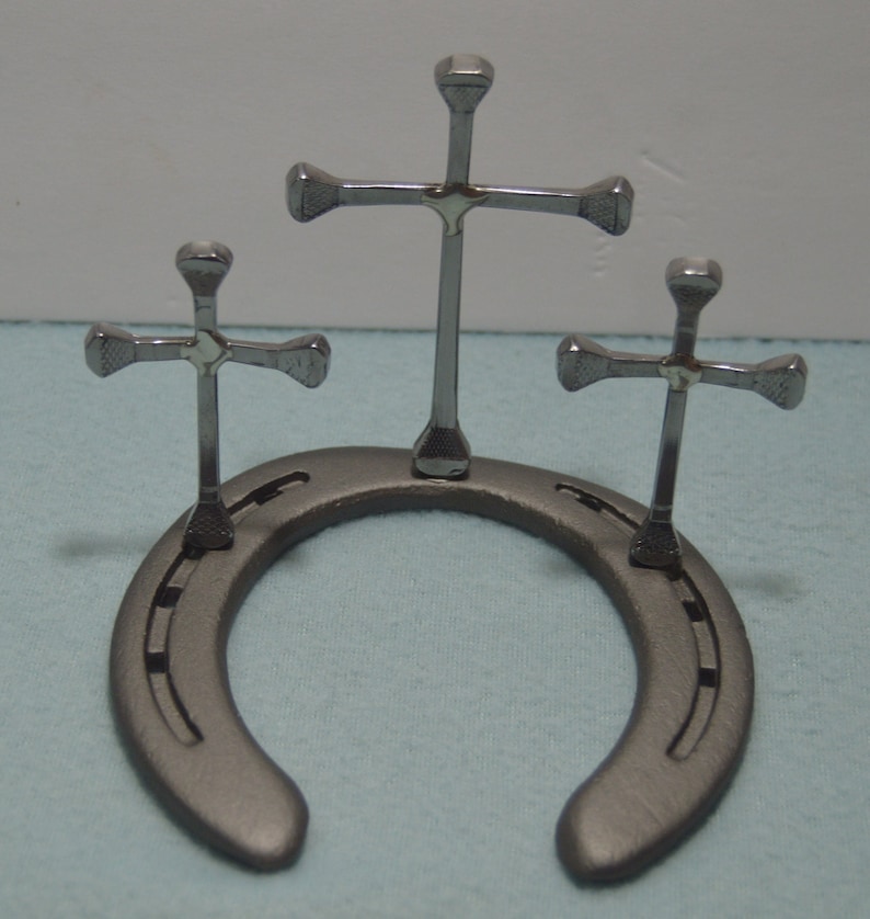 Three Handmade Actual Horseshoe Nail Crosses Mounted on a Horseworn