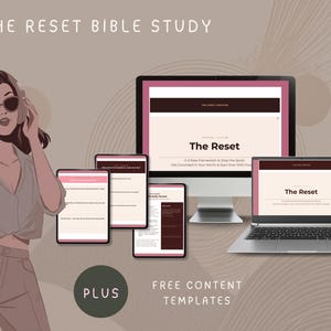 May include: A digital product set titled The Reset Bible Study featuring a desktop computer, a laptop, and three tablets displaying text and templates. An illustrated figure wearing headphones and sunglasses stands to the left. Text includes The Reset Bible Study and Plus Free Content Templates.