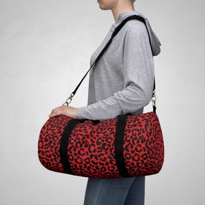 Red and Black Leopard Animal Print Gym Travel Sports Duffel Bag | Zipper Closure | 3 pockets | Adjustable Strap | Small or Large sizes