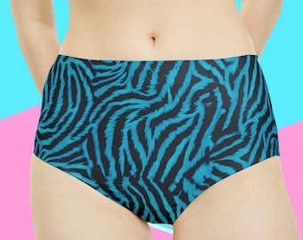 Women's High-Waist Aqua Blue and Black Tiger Zebra Animal Print Hipster Bikini Swimsuit Swim Bottoms | XS | S | M | L | XL