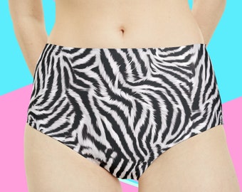 Women's High-Waist White and Black Tiger Zebra Animal Print Hipster Bikini Swimsuit Swim Bottoms | XS | S | M | L | XL