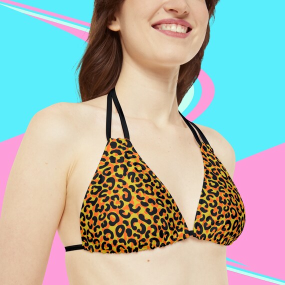 Women s Yellow and Black Leopard Animal Print Strappy Triangle