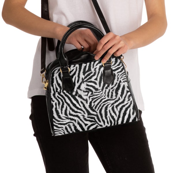 White & Black Tiger Zebra Animal Print Vintage Style Convertible Crossbody Shoulder Purse/Handbag with PU Leather Handles and Strap