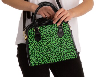 Green & Black Leopard Animal Print Vintage Style Convertible Crossbody Shoulder Purse/Handbag with PU Leather Handles and Removable Strap